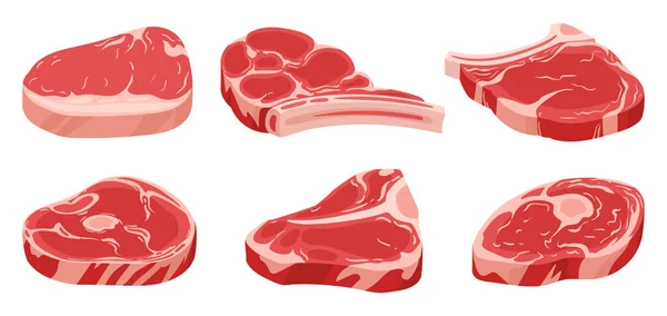 Cartoon raw meat steaks. Pork or red beef steaks, fresh raw filet flat vector illustration on white background