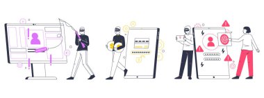 Cyber internet scam. Hacker attack, online cyber crime, computer security, personal data protection, internet fraud scenes flat vector illustration set