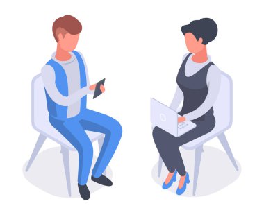 Isometric business people. Office workers conversation, successful managers wearing business suits, office colleagues in formal clothing 3d vector illustration isolated on white background