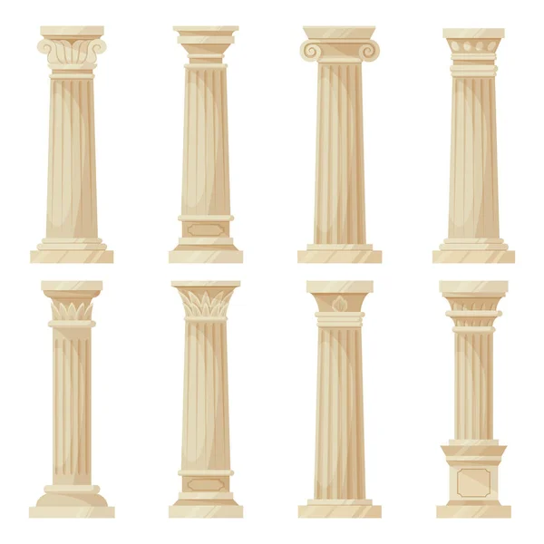Cartoon greek columns. Cartoon ancient pillars, doric, ionic and corinthian ornaments, antique colonnade decoration flat vector illustration on white background
