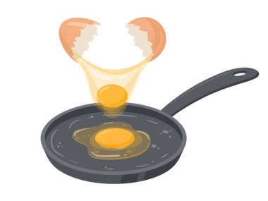 Cartoon fried eggs on fried pan. Cooking fresh egg, liquid chicken egg cooking process flat vector illustration on white background