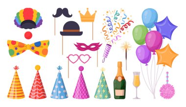 Cartoon Birthday party decorations. Festive HB photo booth elements and balloons, carnival party flat vector illustration set