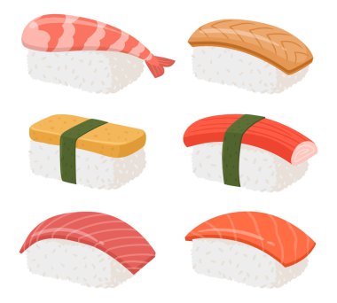 Cartoon sushi set. Seafood Japanese dish, sushi with salmon, shrimp and tuna, traditional Japanese cuisine flat vector illustration