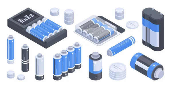 Isometric Charged Batteries Alkaline Accumulators Power Electricity Elements Flat Vector — Stockvector
