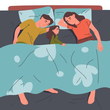 Family sleeping in bed under blanket. Couple with kid resting in bed, asleep characters isolated flat vector illustration on white background