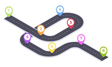 Isometric 8 steps timeline road. Timeline road navigation, city roadmap pathway, winding road infographic 3D vector illustration