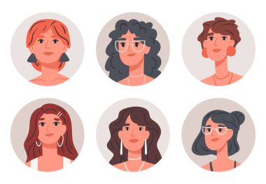 Stunning women avatars. Cartoon beautiful girls portraits, fashionable young female faces, cute female characters flat vector illustration set on white background