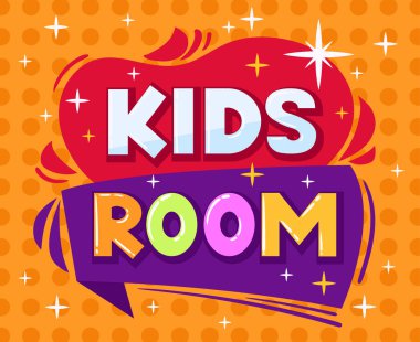 Game kids room poster. Cartoon baby playroom, children entertainment party club and play zone badge flat vector illustration on white background