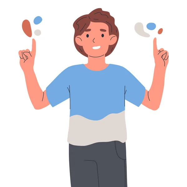 Man Pointing Index Fingers Male Character Indicating Pointing Flat Vector — Vetor de Stock