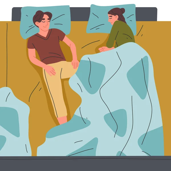 Sleeping Couple Lying Bed Resting People Tired Sleepy Characters Bed — Vetor de Stock
