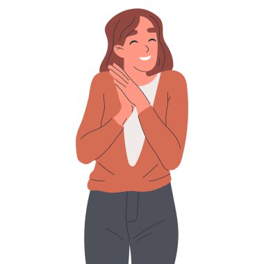 Sevimli bir kız hassas duygular gösteriyor. Çizgi film kadın hassasiyet duyguları, gülümseyen kadın karakter pozitif vücut dili beyaz arka planda düz vektör çizimi