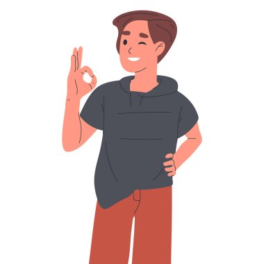Cheerful guy showing okay sign. Man with positive gesture, happy smiling person body language flat vector illustration on white background