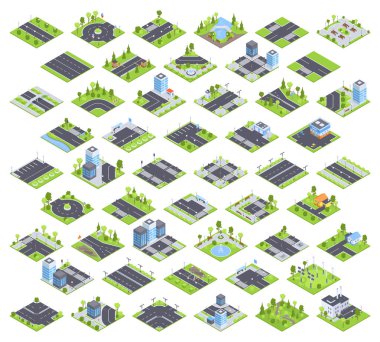 Isometric road elements, city map constructor. Street road crossroads with traffic lights, billboards, road signposts and trees 3D vector illustration set. Urban city road collection