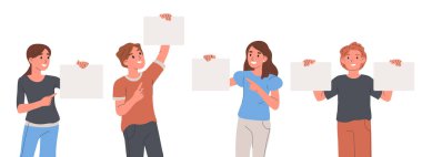 People holding empty banners. Characters pointing and introducing text or product. Men and women presenting, showing smth vector illustration set