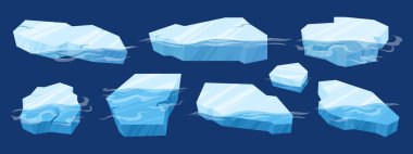 Floating ice. Cartoon frozen blocks of ice, arctic glaciers and icebergs pieces. Ice crystals floating in water flat vector illustration set