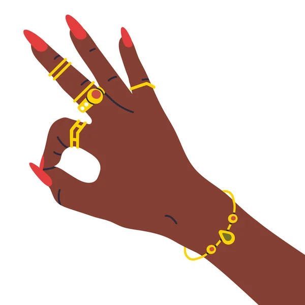 Manikürlü Kadın Eli Tırnak Tasarımlı Kadın Eli Altın Mücevherler Manikür — Stok Vektör