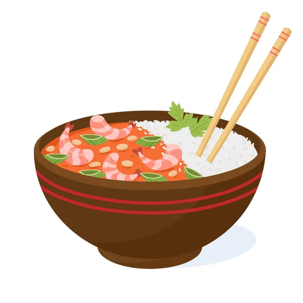 Cartoon Asian Food Bowl Korean Japanese Dish Rice Shrimps Traditional — Stock Vector