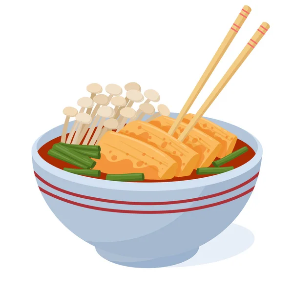 Cartoon Korean Food Bowl Asian Tasty Dish Mushrooms Fish Traditional — Stock Vector