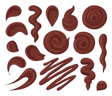 Cartoon chocolate sauce stains. Chocolate sauce dip, cocoa sauce splash, sweet food dressing, chocolate sauce flat vector illustration on white background