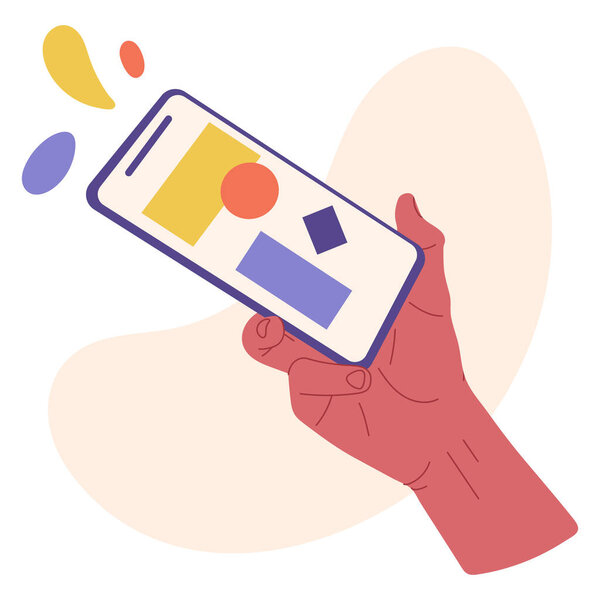 Рука держит смартфон. Мобильный гаджет в руке человека, руки держать телефон плоский мультфильм вектор иллюстрации на белом фоне