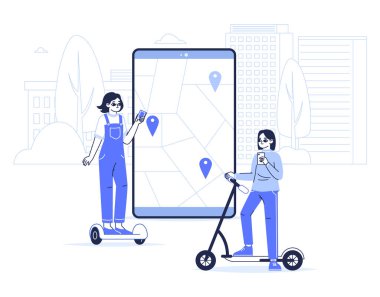 Eco transport sharing app concept. City transport rental service, women riding rental gyroscooter and electric kick scooter flat linear vector illustration