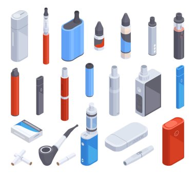 Isometric electronic cigarettes. Digital e-cigarette, vape smoke accessories 3D vector illustration collection. Vape cigarettes set
