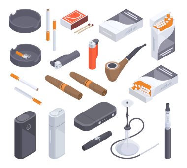 Isometric smoke nicotine elements. Tobacco cigarettes, pipe, vape, e-cigarettes, matches box and lighter 3D vector illustration collection. Smoking accessories