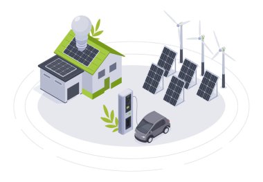 Isometric green energy concept. Alternative wind and solar energy, renewable energy electric car, residential building and solar battery panels 3d vector illustration