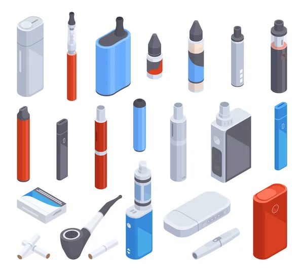 Isometric Electronic Cigarettes Digital Cigarette Vape Smoke Accessories Vector Illustration — Stockvector