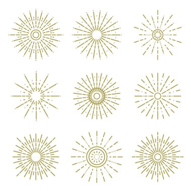 Doodle sunburst. Sunrise abstract elements, rising sun frames, sunlight hand drawn flat vector illustration set