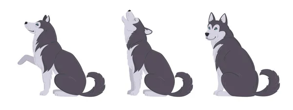 Cartoon Husky Domestic Husky Puppy Cute Playing Sitting Howling Huskies — Stock Vector