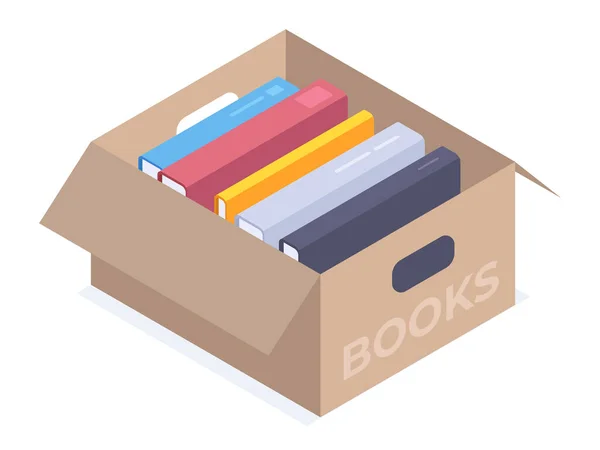 Isometric Books Donation Book Stack Cardboard Box Encyclopedia Textbook Fiction — Stock vektor