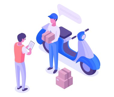 Isometric delivery service. Courier shipping parcel, online logistic concept. Deliveryman bring package to customer 3d vector illustration