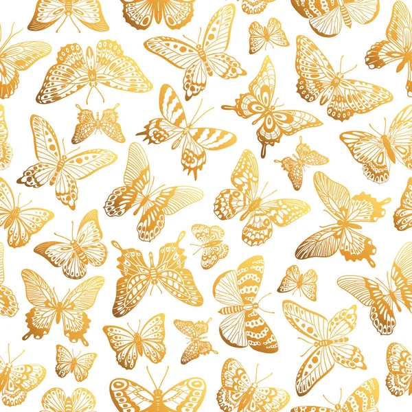 Złote Motyle Bez Szwu Wzór Wspaniała Ozdoba Motyla Latające Egzotyczne — Wektor stockowy