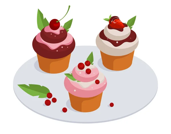 Isometric Cupcakes Sweet Pastry Muffins Delicious Chocolate Vanilla Desserts Berries — Image vectorielle