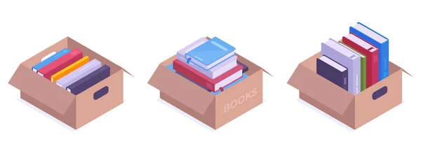 Livros Isométricos Caixas Papelão Doação Livros Enciclopédia Pilha Livros Didáticos —  Vetores de Stock