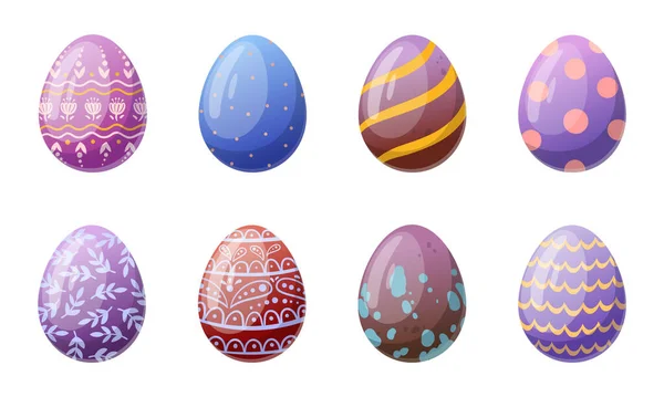 イースターエッグ 春休みは卵を描いた 卵狩りチョコレート伝統的な卵フラット漫画のベクトルイラストセット — ストックベクタ