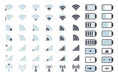 Akıllı telefon kablosuz internet ve pil simgeleri. Cep telefonu göstergeleri, batarya şarj seviyesi, 5G ve wifi sinyal gücü düz vektör çizimi. Kablosuz ağ simgeleri