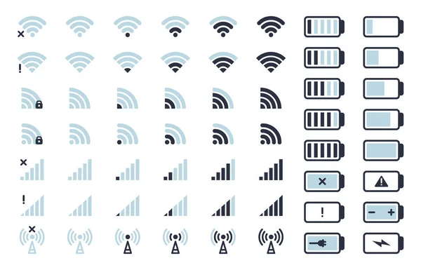 Smartphone Wifi Και Εικονίδια Μπαταρίας Δείκτες Κινητού Τηλεφώνου Επίπεδο Φόρτισης — Διανυσματικό Αρχείο