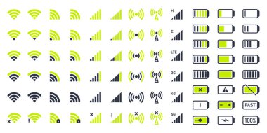 Cep telefonu göstergeleri. Akıllı telefon wifi ve pil simgeleri, 5G ve wifi sinyal gücü, pil şarj seviyeleri düz vektör illüstrasyon seti. Ağ kablosuz simgeleri