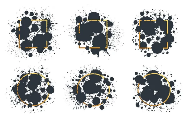 Black Ink Drops Frames Paint Splash Spots Borders Abstract Ink — Stock Vector