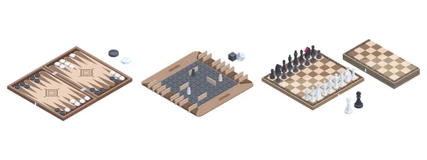 アイソメトリックボードゲーム チェスとバックギャモンの作品 木製のレジャーテーブルゲーム 伝統的なレクリエーションゲームの3Dベクトルのイラストセット — ストックベクタ