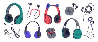 Kulaklık vektörü ayarlandı. Müzik dinleme kabloları ve kablosuz ses ekipmanları, kulaklıklar ve kulaklık elektronik müzik cihazları düz çizgi film vektörü çizimi