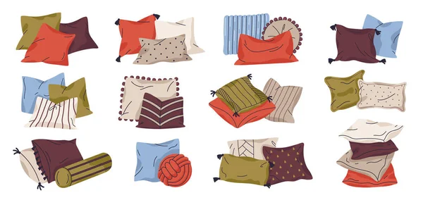 Textilkissen Vektor Set Vorhanden Wohnkultur Kissen Sofa Gefiederten Kissen Gemütliche — Stockvektor