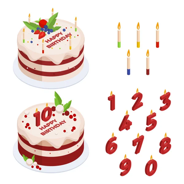 等量生日蛋糕和蜡烛 烘烤喜庆的蛋糕和周年蜡烛 美味的蛋糕沙漠为生日庆祝3D矢量插图集 蛋糕和Hb蜡烛 — 图库矢量图片