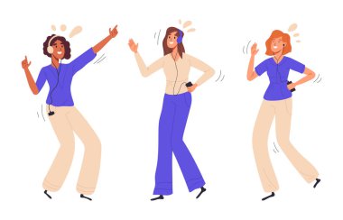Düz kadın dansçılar. Müzikle ilgilenen kadınlar, dans eden ve müzik partisinden hoşlanan insanlar düz vektör çizimi