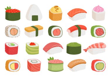 Japon suşi ruloları. Çizgi film deniz ürünleri yemeği, suşi, somon balığı, yılan balığı, ton balığı ve havyar. Geleneksel Asya mutfağı düz vektör çizimi