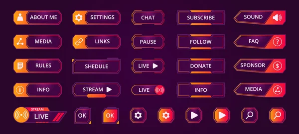 Gamers Stream Buttons Game Streaming Interface Elements Mmo Game Menu — Stock Vector