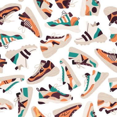 Düz ayakkabılar, pürüzsüz desen. Şık spor kıyafetleri, modaya uygun spor ayakkabıları. Modern gündelik ayakkabı düz vektör arkaplan illüstrasyonu
