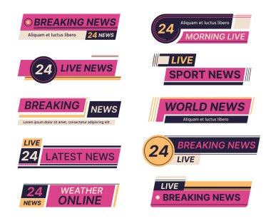 Breaking news bars. Live breaking news banners, TV broadcast screen symbols. Sport and weather news titles flat vector illustration set. News bars collection clipart